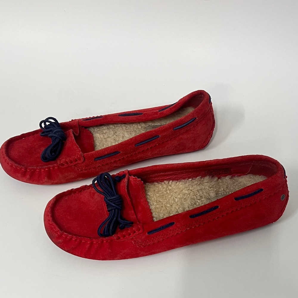 UGG Meena Women's Red Suede Shoes Moccasins Flats Navy Lace Slippers Driving - Picture 7 of 12